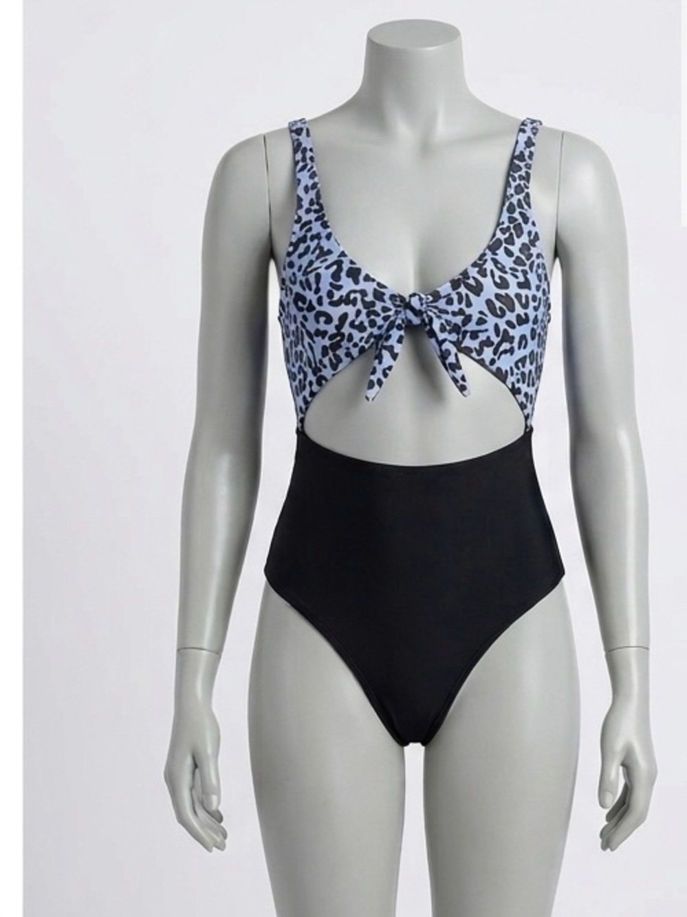 Leopard Print Tie-Front Bikini Top with Black High-Waist Bottom